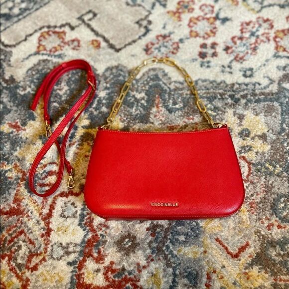 NEW Coccinelle Italian leather shoulder bag pochette Red w/ GHW - Picture 2 of 7